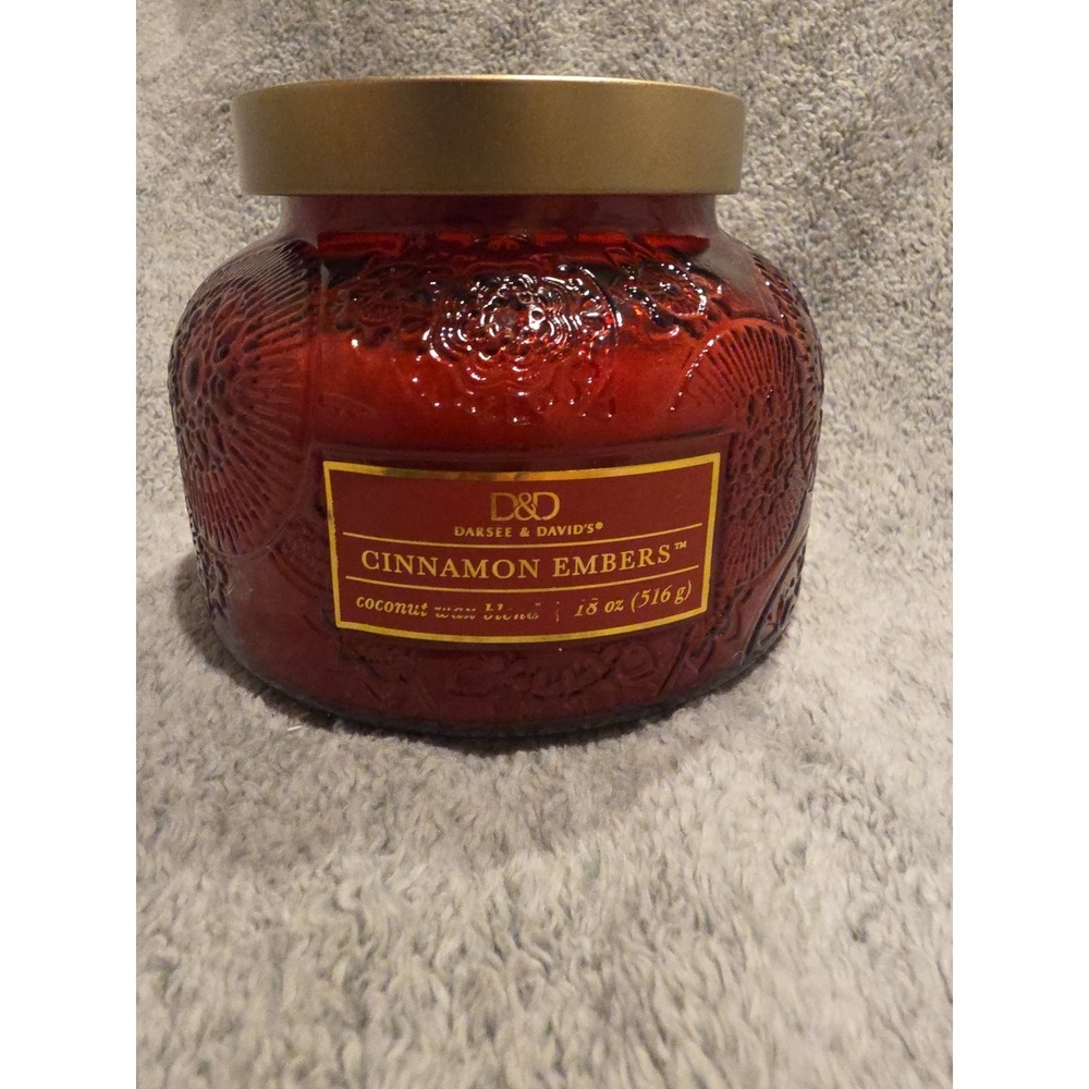 Darsee & David's Cinnamon Embers Coconut Wax Blend Red Glass Jar Gold Lid